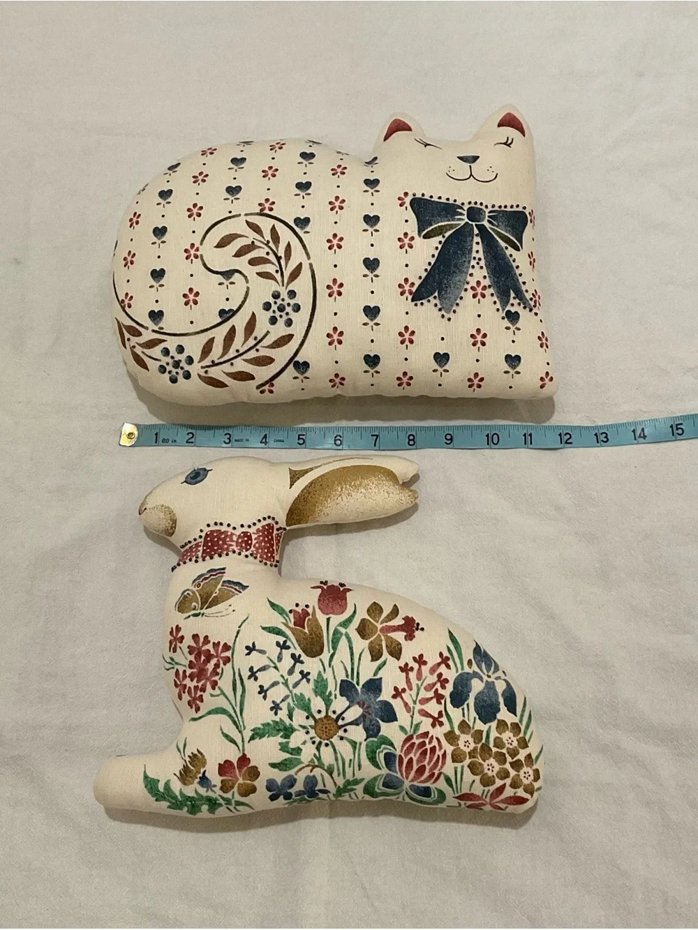 Folk Art Cat Rabbit Pillows Stuffed Bead Embellished Farmhouse Scandinavian Boho